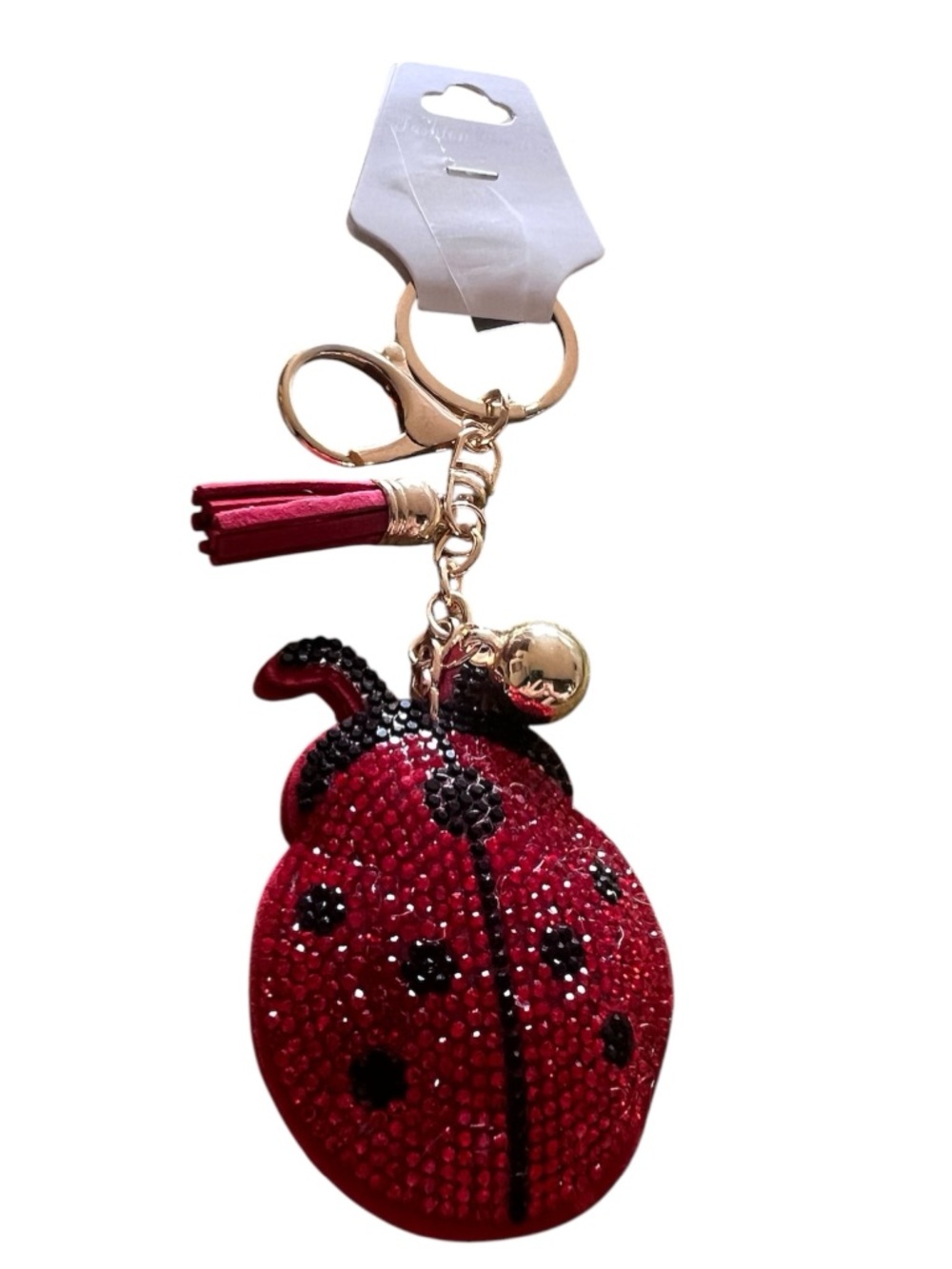 Red Rhinestone Ladybug Keychain with Gold Hardware